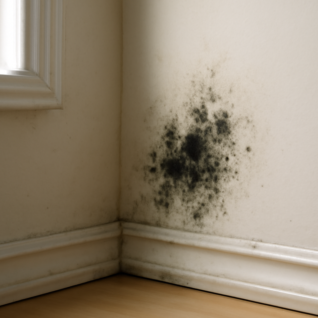 Early-stage black mold patch on an interior drywall corner showing initial dark discoloration