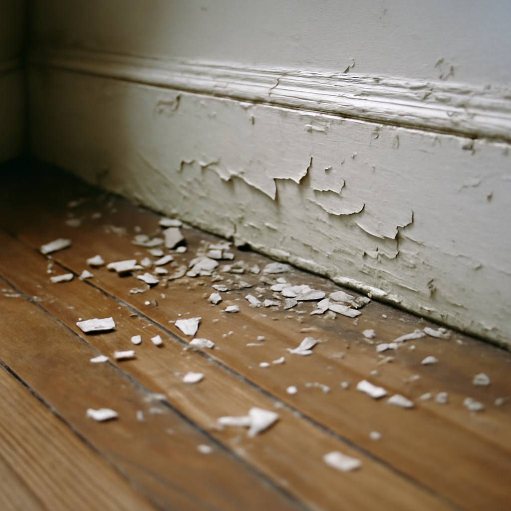 Loose paint chips fallen on a hardwood floor below a peeling baseboard in an older home