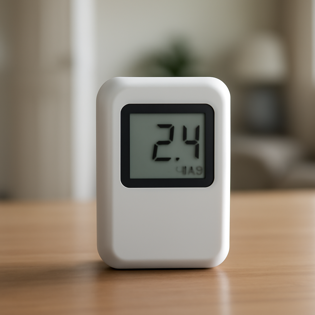 Consumer-grade radon detector with a digital display on a tabletop in a residential setting