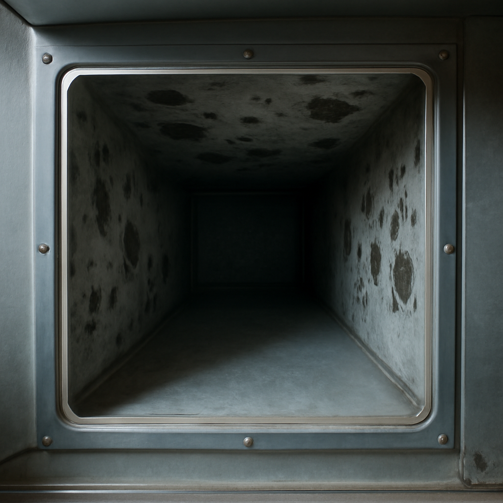 Mold colonies visible inside residential HVAC ductwork through an open access panel