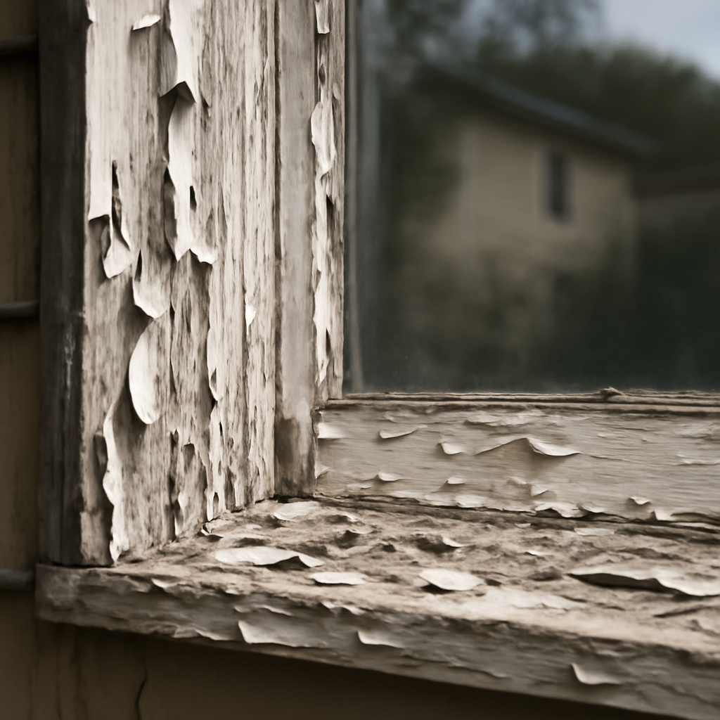 Severely peeling and chipped paint on an older home's wooden window frame indicating a lead-paint hazard