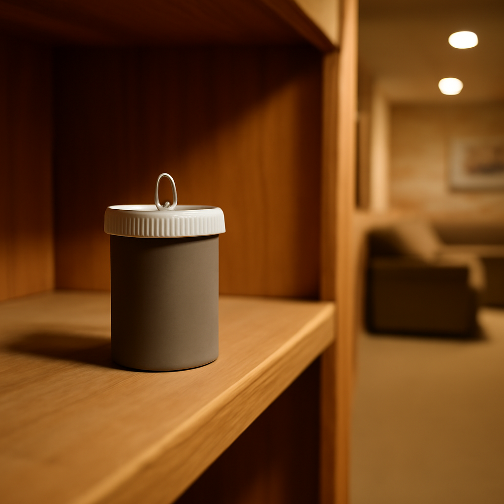 Consumer radon test canister placed on a shelf in a residential basement